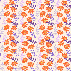 Beautiful seamless retro hand drawn orange floral and colorful leaves pattern background 