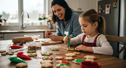 Mother and daughter decorating christmas cookies