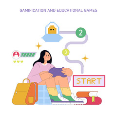 Girl Playing Educational Games Vector Illustration