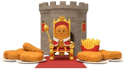 Cartoon king potato on a throne with fries and nuggets