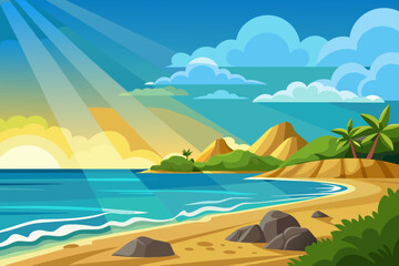 Countryside Beach Background With Sunrays And Clouds