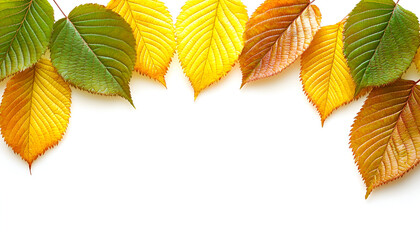 Fototapeta premium A vibrant border of colorful autumn leaves in shades of green, yellow, and orange on a white background.