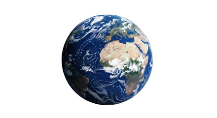 Fototapeta premium Highly detailed planet Earth in 3/4 view, full object, showcasing Africa, Europe, Asia, deep blue oceans, and swirling clouds. Isolated from space on a transparent background with copy space,