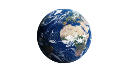 Highly detailed planet Earth in 3/4 view, full object, showcasing Africa, Europe, Asia, deep blue oceans, and swirling clouds. Isolated from space on a transparent background with copy space,