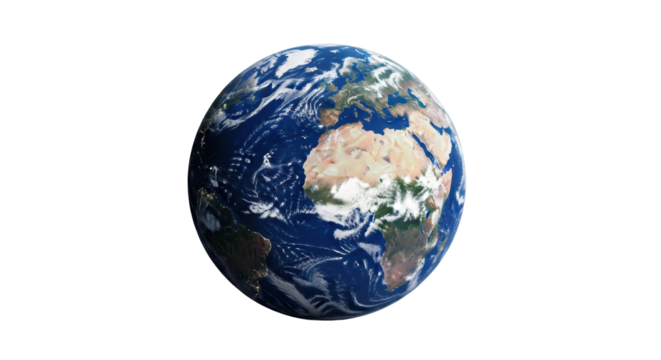 Highly detailed planet Earth in 3/4 view, full object, showcasing Africa, Europe, Asia, deep blue oceans, and swirling clouds. Isolated from space on a transparent background with copy space,