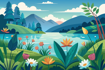 Fototapeta premium Day Lake Background With Flower Patterns