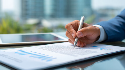 Executive signing business contract beside financial report on screen