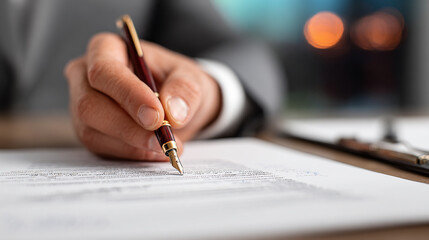 Executive signing business contract beside financial report on screen