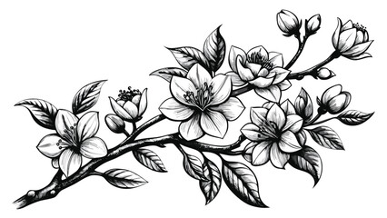 Black and white drawing of delicate cherry blossoms with intricate details and graceful branches..eps