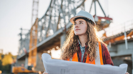 Female civil engineer standing with construction blueprints in front of a bridge site.
