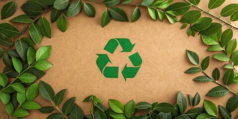 modern detailed professional high quality Recycling Symbol and Leaves on Cardboard Background