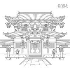 Serene Line Art: Japanese Temple Gate, 2026 New Year's Design, Minimalist Style