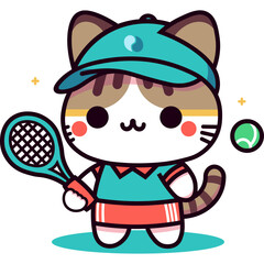 tennis player kitty character wearing a sports cap in clear background and flat color block editable vector illustration