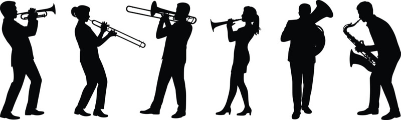 Silhouette, musicians, trumpet, trombone, saxophone, brass, wind, ensemble, performance, music, band, instruments © Bappi Creatives