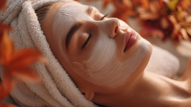 Facial mask treatment on woman with towel wrapped head, relaxing in autumn spa surrounded by orange leaves
