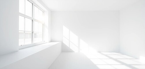 Fototapeta premium Abstract minimalist white room interior, sunlight streams through window, dramatic light and shadow play, muted, pure