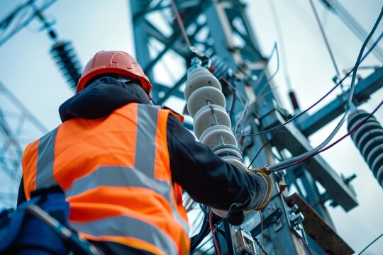 Electrical engineer working on high voltage power lines
