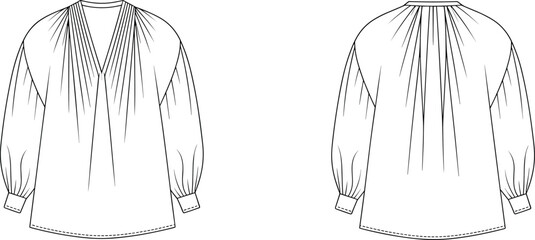Women’s loose blouse flat sketch with pleated V-neck, balloon sleeves, button cuffs, casual style, comfortable fit, CAD drawing flat vector illustration