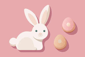 Fototapeta premium Cute white easter bunny with decorated eggs on a soft pink background with subtle shadows