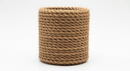 Close up of a cylindrical woven rope container against a white background