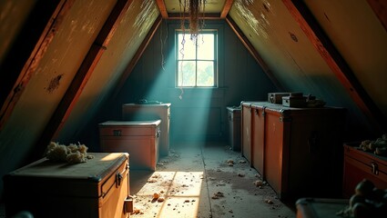 Sunlight streams into a dusty attic filled with old trunks.