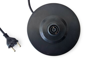 An electric kettle base with a power cord and plug, ready for a kettle to be placed on top.