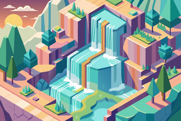 Isometric Waterfall Background With Pastel Tones