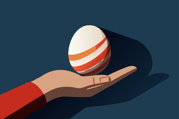 A stylized hand gently holds a vibrantly striped easter egg casting a long shadow against a dark blue background