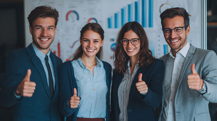 Smiling business team standing together with thumbs up and charts in background.