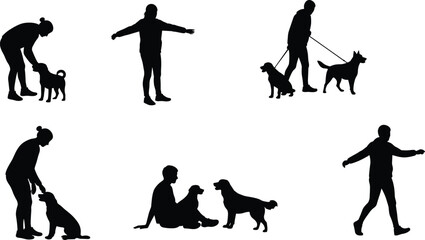 Silhouette, people, dogs, walking, playing, training, bonding, outdoor, pet, animal, companionship, activity