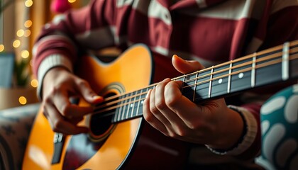 Obraz premium Close-up of hands strumming acoustic guitar in cozy setting, passion, homey