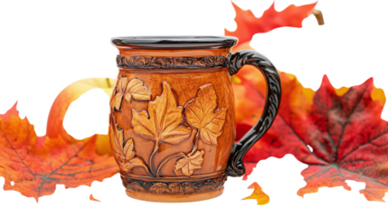 • A fall apple cider mug with orange leaves in the background, isolated on white background in HD 