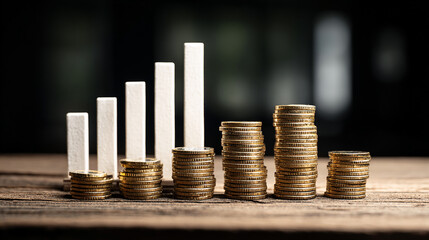 Stack of coins growing taller beside bar chart showing financial success.
