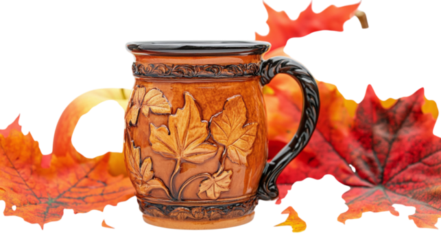 • A fall apple cider mug with orange leaves in the background, isolated on white background in HD 