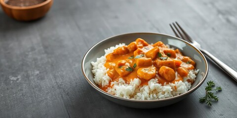 Creamy butter chicken with fluffy rice, served on a rustic grey table,  overhead shot,   cuisine