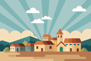Minimal Village Background With Sunrays And Clouds