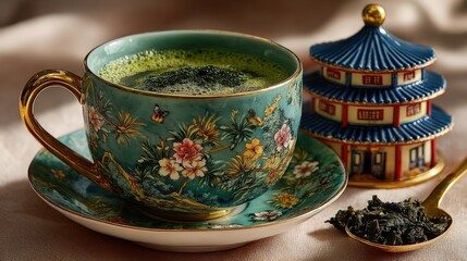 Fototapeta premium Porcelain gaiwan with Darjeeling tea leaves and toy bungalow in Himalayan setting