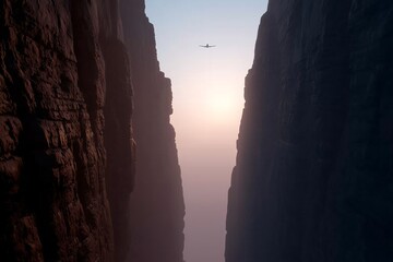 Plane flying through narrow canyon, Small aircraft over rocky gorge, Aerial exploration at sunset mist