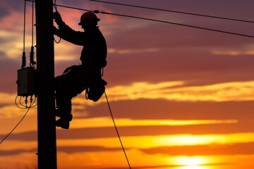 Silhouette of lineman working on electrical power lines at sunset