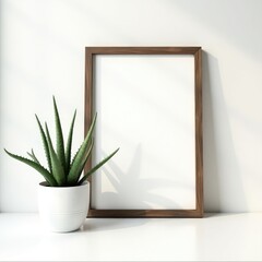 Frame mockup  a potted aloe plant sits next to a framed blank white canvas on a white surface against a white wall