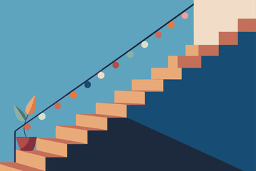 Stylized illustration of a modern staircase with colorful decorative lights and a potted plant indoors