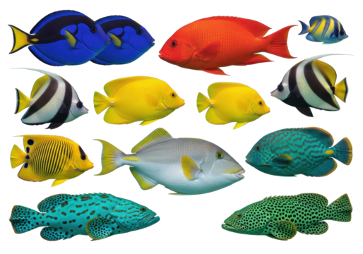 Diverse tropical fish including Dory, butterflyfish, angelfish, triggerfish, and groupers, vibrantly colored and swimming dynamically against a stark transparent background with copy space and no