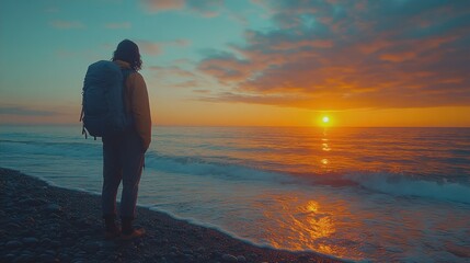 Fototapeta premium Traveler standing on the beach watching the sun set travel concept