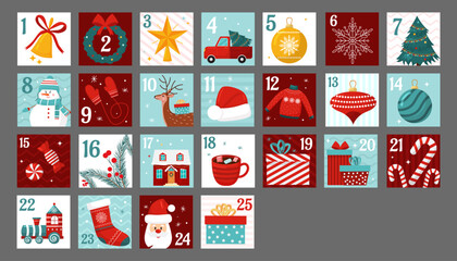 Vector Christmas advent calendar with Santa Claus, snowman, candies, gifts, christmas tree, decorative balls. Countdown holiday calendar. December dates festive event xmas