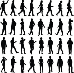 Silhouette people walking and standing, various poses of men and women, human figures vector illustration, crowd characters, business and casual style