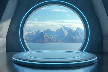 Futuristic circular podium with blue neon lights set against majestic mountains and ocean panorama under clear sky, ideal for high-tech product showcases or sci-fi concept presentations