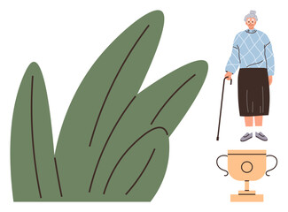 Elderly woman holding a cane standing near a trophy and oversized leaves. Ideal for themes thumbs up achievement, aging, perseverance, success, nature, support, motivation. Simple flat metaphor