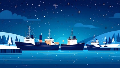 Obraz premium Several ships at night in a snowy harbor.