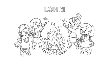 Joyful Children Celebrate Lohri:  Black and White Line Art Illustration, Festive, Traditional Punjabi Clothing.