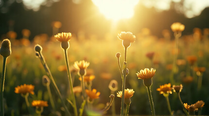 Golden hour wildflowers in bloom with sunlit meadow backdrop creates serenity